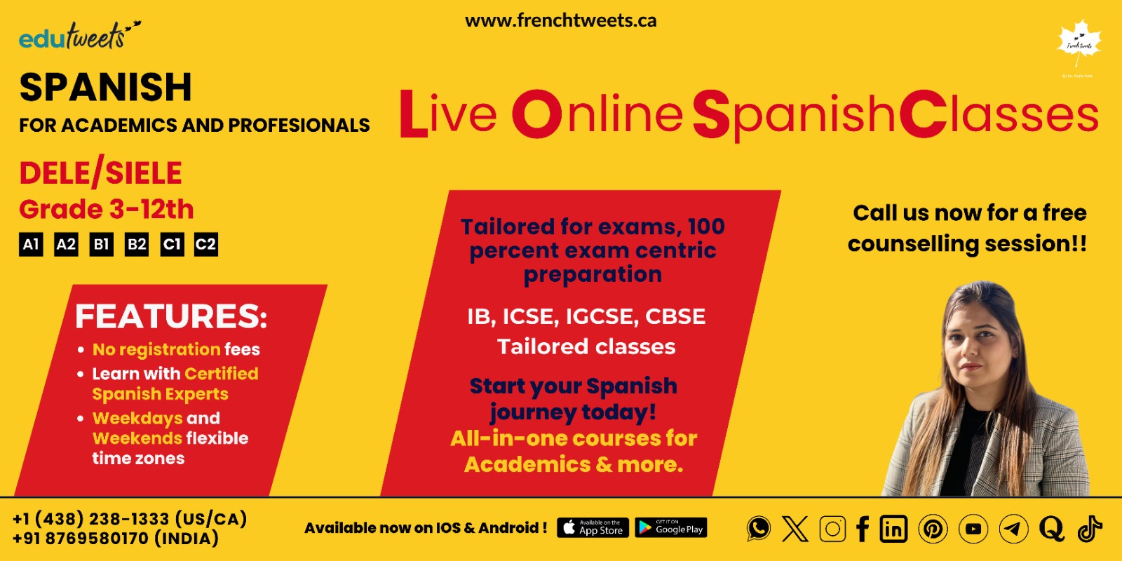 Official logos for IB, IGCSE, DELE, and SIELE certification exams supported by EduTweets Spanish training.